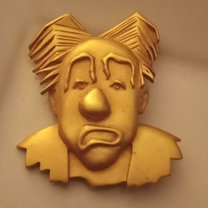 Sad Grumpy Gold Tone Clown Pin Brooch